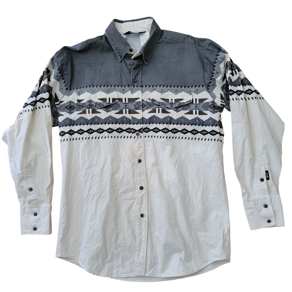 Panhandle Slim Vintage Brooks Dunn Western Shirt Button Up Aztec 17/35 Gray Crea